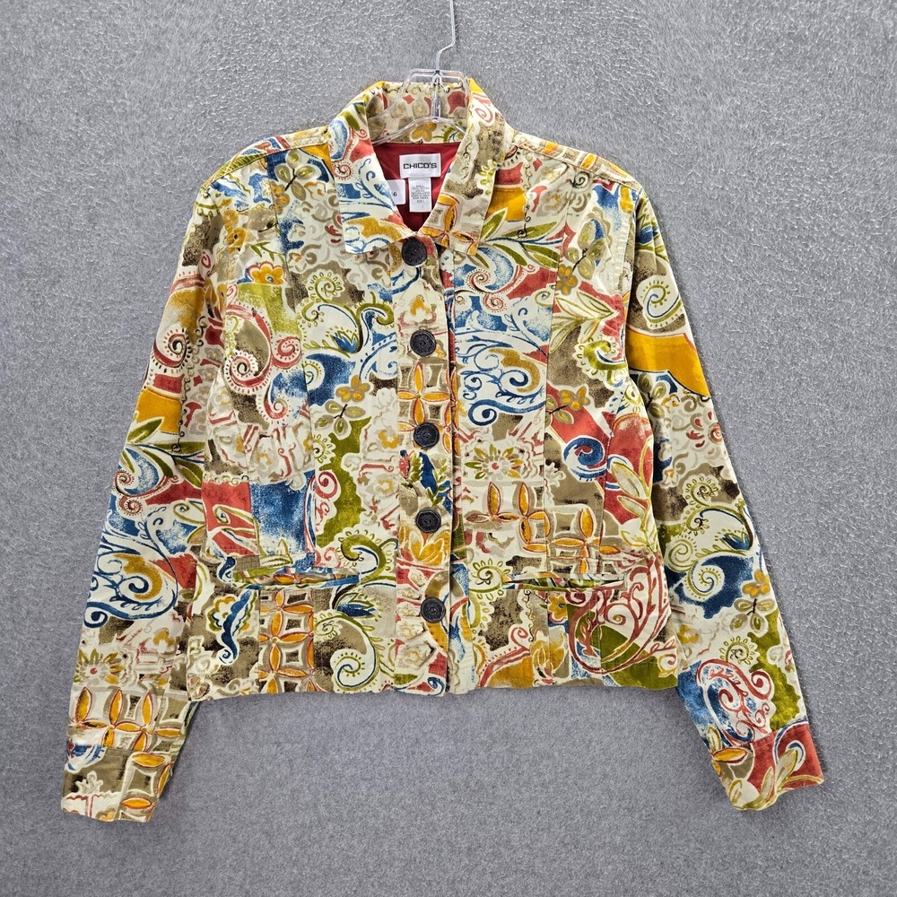 Chico's Women Blazer Jacket 1 Yellow Floral Paisley Button Up Long Sleeve Collar